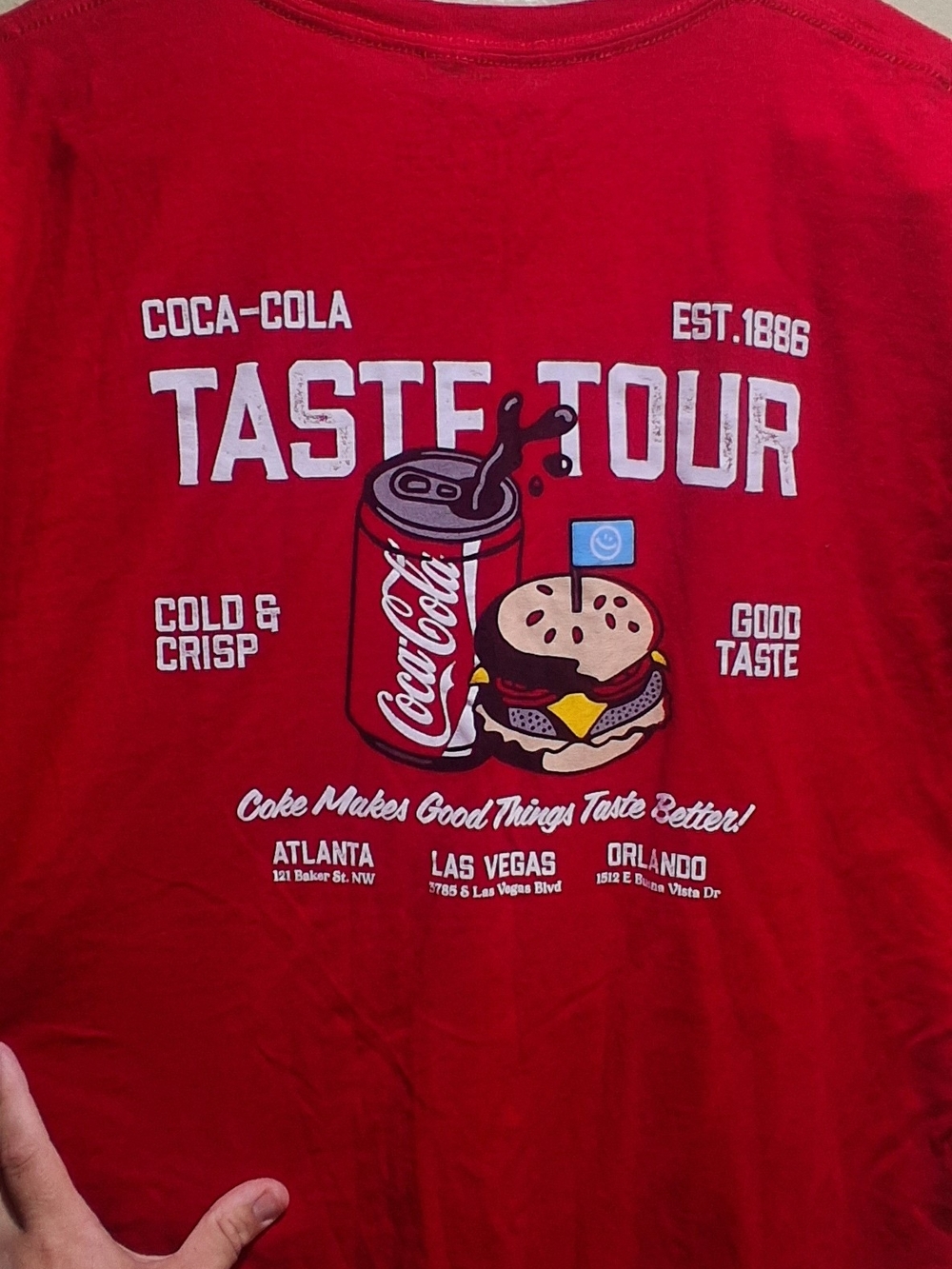Coca Cola Red 'Taste Tour' Graphic Tee with Soda and Burger Art